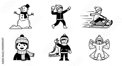 Winter Kids Activities Black  White Line Art Icons: Snowman, Sledding, Ice Skating, Snowball
