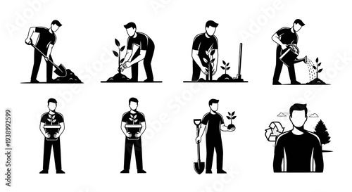 Ecology and Gardening Glyph Icons Set: Men Planting Trees, Watering, Recycling