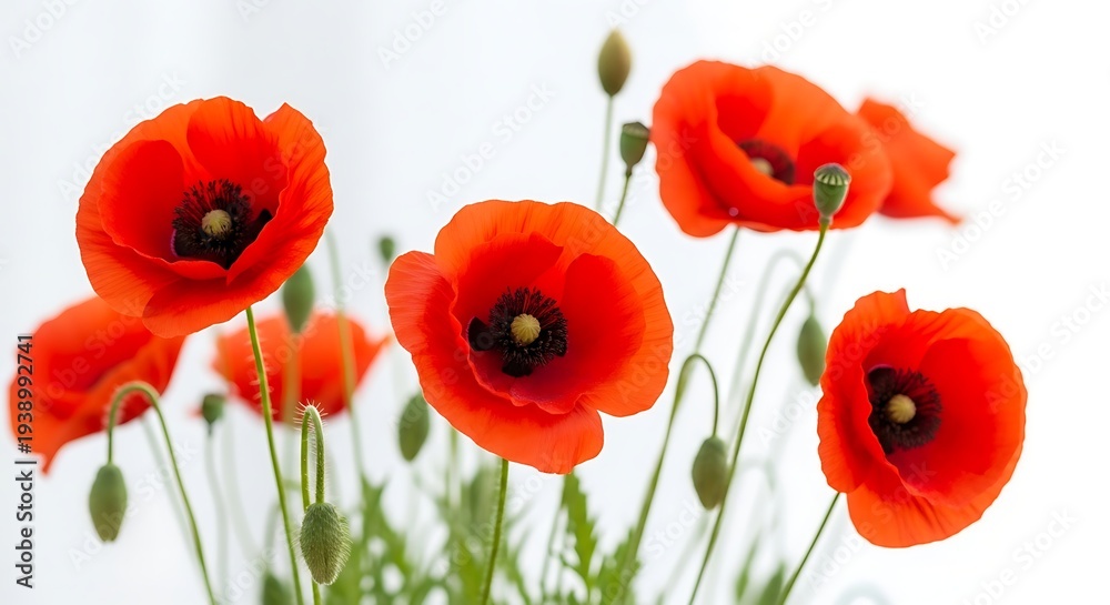 Obraz premium Vibrant red poppy flowers in full bloom with green buds, isolated on white background