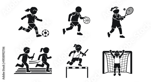 Children Sports Glyph Pictograms - Soccer, Basketball, Tennis, Relay Race, Hurdles, Goalkeeper