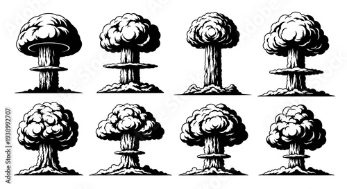 Black and White Engraved Military Nuclear Mushroom Clouds Vector Illustration Set