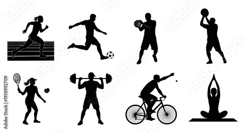 Sports  Fitness Black  White Vector Silhouette Icons Set