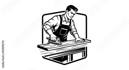 Black  White Line Art Woodworking Carpenter Sanding Wood Plank Illustration