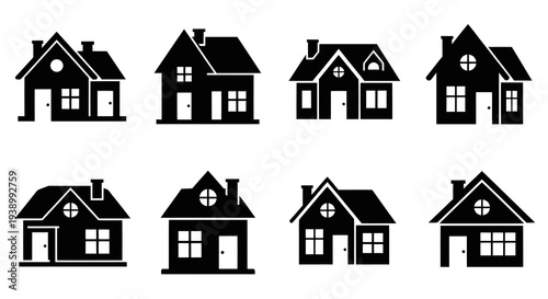 Real Estate Houses Glyph Icons Set - Black and White Home Building Silhouettes