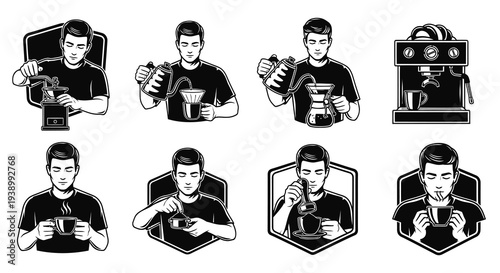 Food  Drink Industry: Barista Coffee Brewing Monochrome Vector Illustration Set