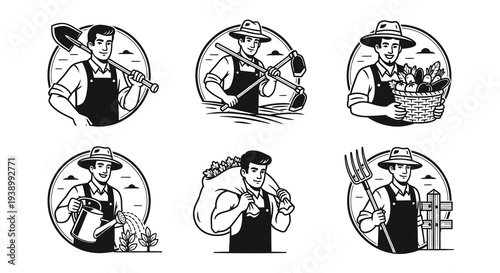 Retro Farming  Agriculture Line Art Badges Set with Farmers and Garden Tools
