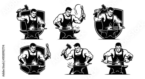 Blacksmith Metalworking Logo Vector - Strong Man, Anvil, Hammer  Tongs - Monochrome Art