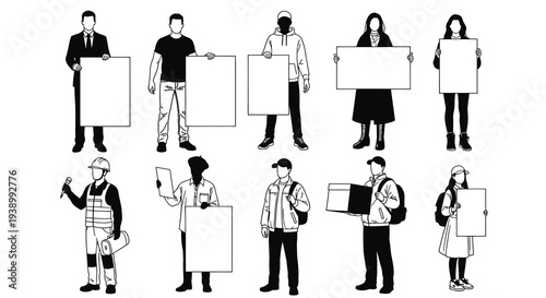 Diverse People  Professions Holding Blank Signs  Delivery Box Vector Line Art Set