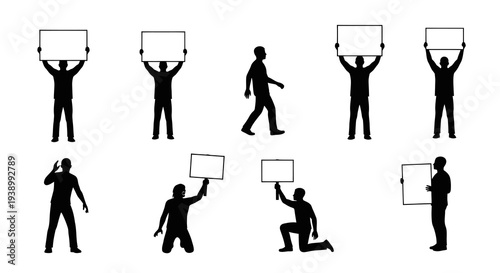 Communication and Social Issues: Human Silhouettes Holding Blank Signs Vector Art
