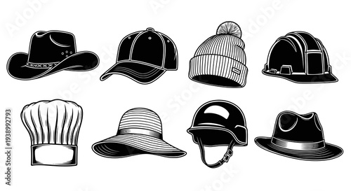 Black  White Line Art Diverse Headwear Collection: Hats, Caps, Helmets  More