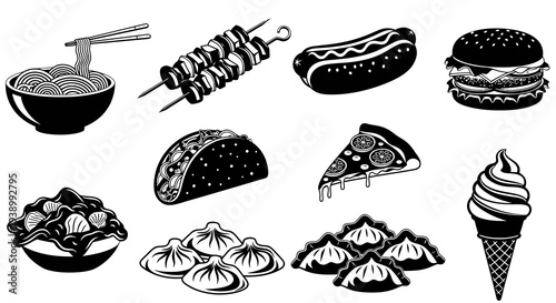 Food Industry Black  White Line Art Icons Set: Fast Food, Asian, Mexican  Italian