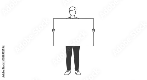 Vector Line Art Man Holding Blank Sign for Communication Marketing Message