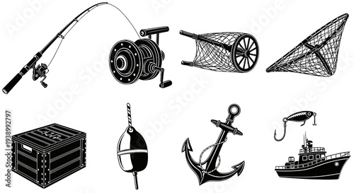 Fishing and Nautical Equipment Black and White Line Art Icon Set