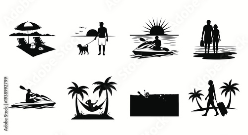 Travel  Tourism: Summer Vacation and Beach Activities Black Silhouette Icons Set
