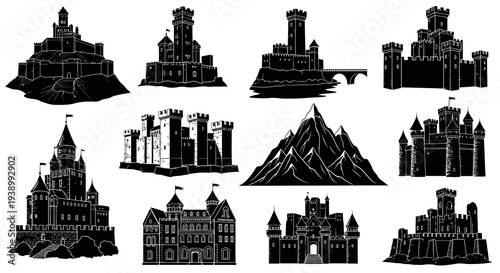 Black  White Silhouette Medieval Fantasy Castles and Fortresses Vector Icon Set