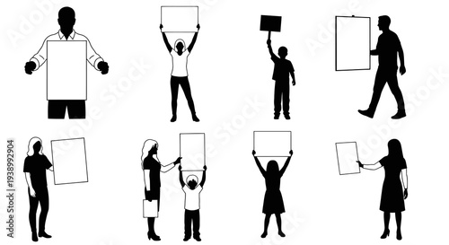 Diverse Black Silhouette People Holding Blank Signs for Protest, Communication, Advertising
