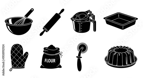 Baking Utensils and Equipment Silhouette Icons Set