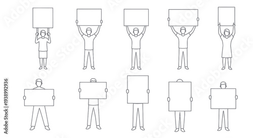 Black and White Line Art People Holding Blank Signs and Boards for Communication and Protest