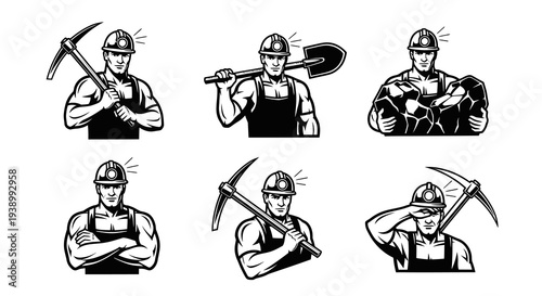 Mining Industry Black  White Line Art: Strong Miners with Tools and Coal