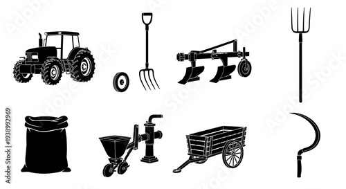 Agricultural Farming Tools  Equipment Silhouette Icons Set - Black  White Vector
