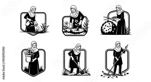 Black  White Line Art Muslim Woman Gardening Icons