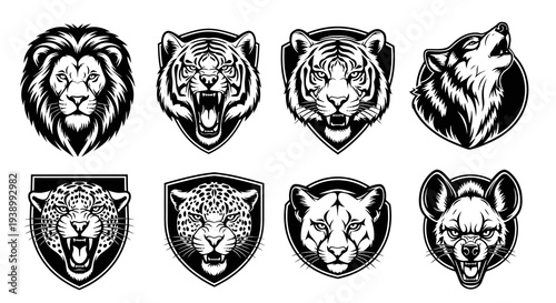 Monochrome Wild Animal Head Mascots Collection - Black  White Line Art Vector Emblems