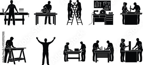 Woodworking silhouettes, carpentry teamwork, workshop activities, circular saw, sanding wood, tool bench, collaboration icons, craftsmanship illustration, measuring tasks, construction