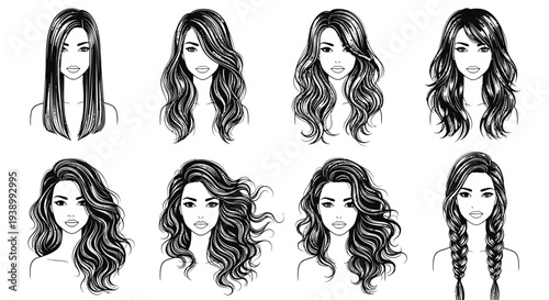 Black  White Line Art: Diverse Female Hairstyles for Beauty  Fashion Industry Vector