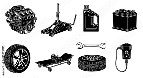 Automotive Repair Tools and Car Parts Black and White Line Art Set