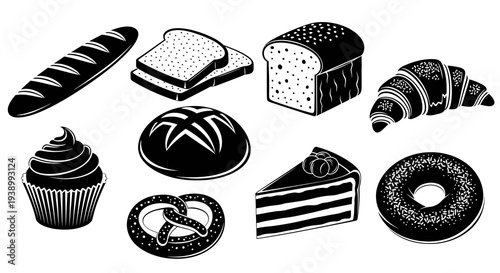 Black and White Bakery Food Icons Set - Vector Glyph Collection of Bread and Pastries