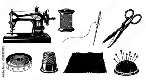 Black  White Line Art Sewing and Tailoring Tools  Supplies Vector Set