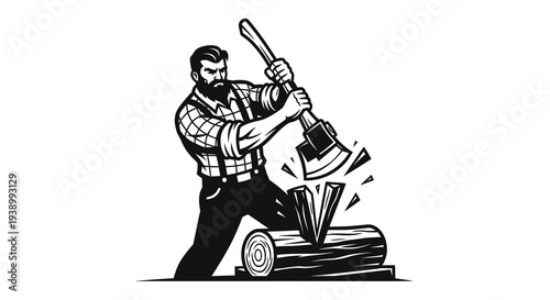 Woodcutter Splitting Log with Axe - Black  White Monochrome Vector Illustration