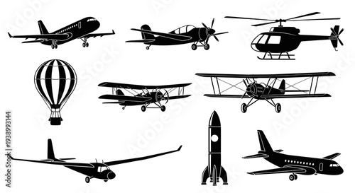 Aviation Transport Silhouette Vector Set: Airplanes, Helicopter, Balloon, Glider, Rocket