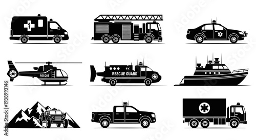 Black and White Glyph Icons Set of Emergency and Rescue Service Vehicles