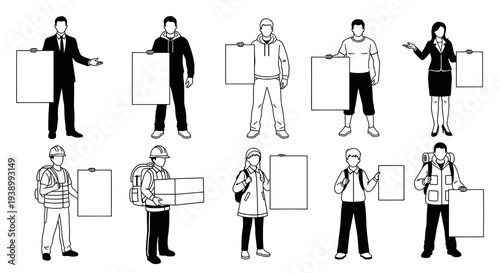 Black  White Line Art People Holding Blank Signs  Boxes for Advertising and Marketing.