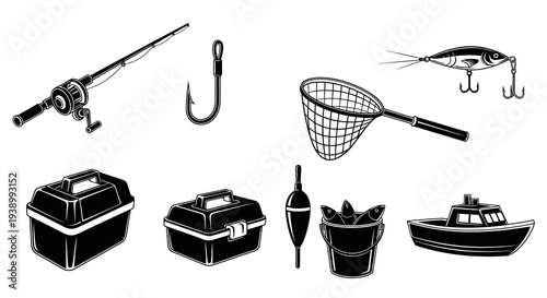 Vintage Fishing Equipment and Tackle Set in Black and White Line Art Style
