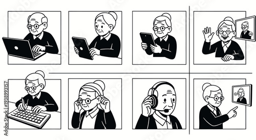 Elderly People Using Technology  Video Calls - Digital Devices Black  White Line Art