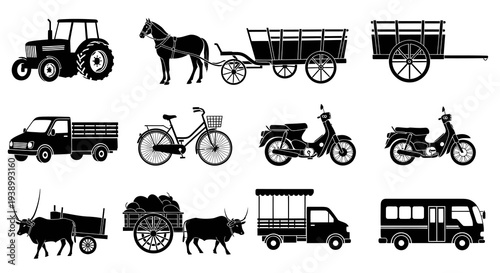 Transportation Vehicles Black  White Silhouette Icons Set: Tractor, Carts, Trucks, Bikes, Motorcycles