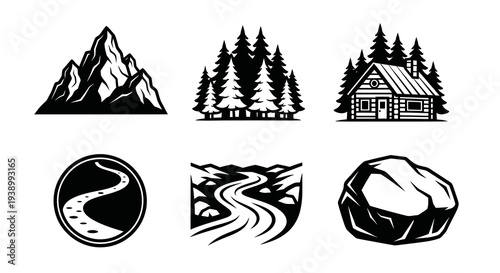 Black  White Outdoor Adventure Nature Vector Glyph Icons Collection