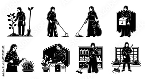 Monochrome Glyph Illustration of Muslim Woman in Home, Garden  Cleaning Tasks