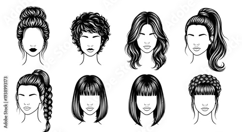 Beauty  Fashion: Diverse Female Hairstyles Collection - Black  White Line Art Vector