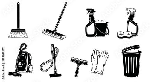 Cleaning and Housekeeping Equipment Black  White Glyph Icons Set