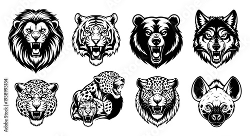 Wild Animal Predator Heads Black and White Line Art Vector Mascots Set
