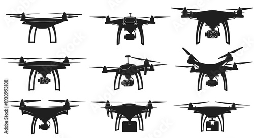 Aviation Technology Drones Quadcopters UAV Silhouette Icons Set