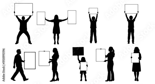 Protest, Communication, Activism: People Holding Blank Signs - Black  White Silhouettes