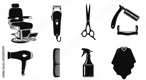 Monochrome Barbershop Tools Vector Art Set - Hair Salon Equipment Icons