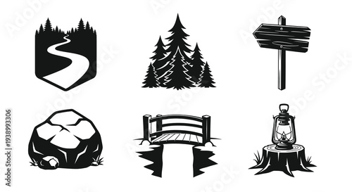 Nature and Outdoors Black and White Vector Icons Set: Forest, Road, Sign, Rock, Bridge, Lantern