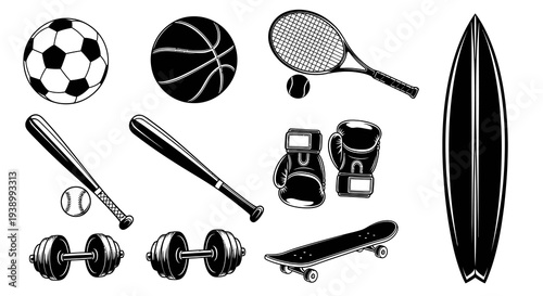 Sports Equipment Black and White Line Art Vector Icons Collection for Athletics and Fitness