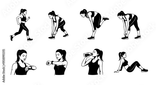 Fitness Women Workout Running Stretching Black  White Line Art Vector Set