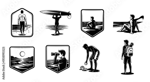 Monochrome Vector Illustrations: People Enjoying Beach Lifestyle, Surfing, Travel